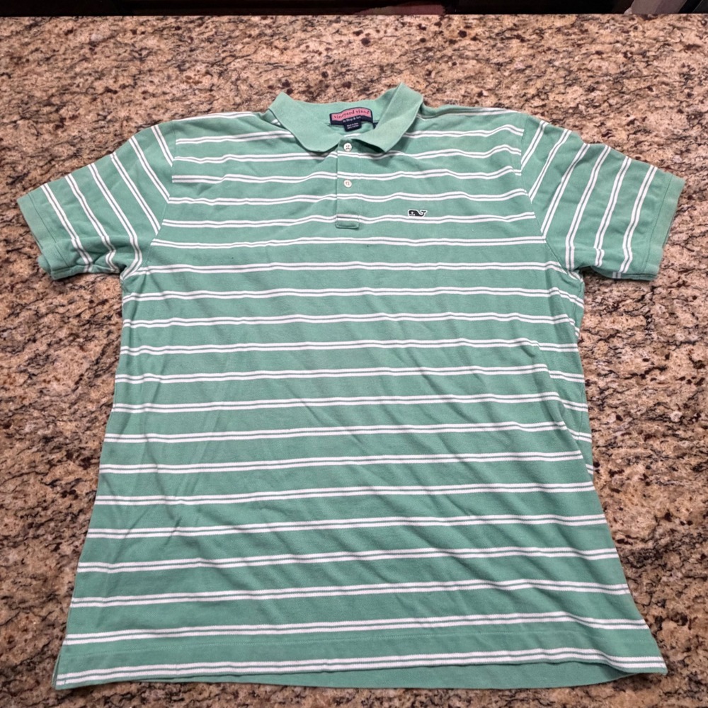 Vineyard Vines Mens XL Polo Shirt Green White Striped Cotton Pique‎ Whale Logo